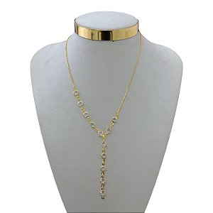 Colar Longo Folheado Ouro 18k Gravatinha Cristal