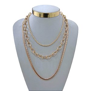 Colar Triplo Bijuteria Dourado e Prata Cordão Baiano Elos Lacraia