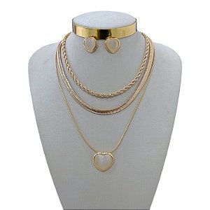 Conjunto Bijuteria Triplo Cordão Baiano Lacraia Coração Pedraria