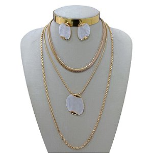 Conjunto Bijuteria Triplo Lacraia Cordão Baiano Orgânico Madrepérola