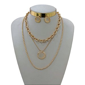 Conjunto Bijuteria Triplo Elos Cordão Baiano Redondo Pedraria