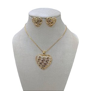 Conjunto Folheado Ouro 18k e Prata 925 Corações Cravejados