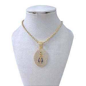 Colar Folheado Ouro 18k e Prata 925 Cordão Baiano Nossa Senhora Cravejada