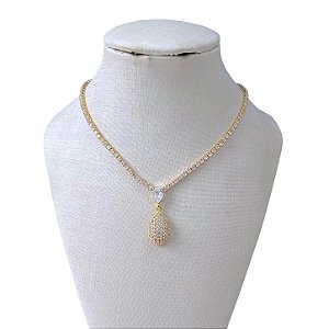 Colar Folheado Ouro 18k e Prata 925 Riviera Gota Cravejada