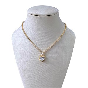 Colar Folheado Ouro 18k e Prata 925 Riviera Coração Cristal Cravejada