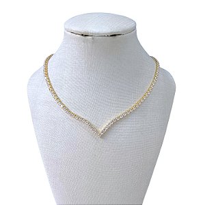 Colar Folheado Ouro 18k e Prata 925 Riviera V Cravejado