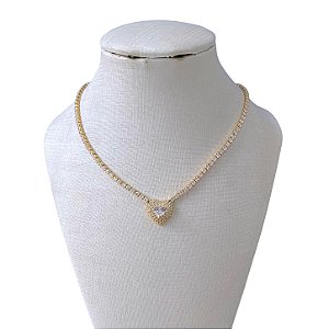 Colar Folheado Ouro 18k e Prata 925 Riviera Coração Cravejado