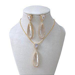 Conjunto Folheado Ouro 18k e Prata 925 Gota Comprida Cristal Cravejada