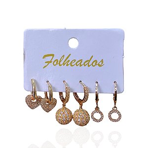 Trio Brincos Folheado Ouro 18k e Prata 925 Argolas Redondo Cravejado