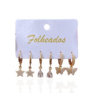 Trio Brincos Folheado Ouro 18k e Prata 925 Argolas Estrela Borboleta Cravejado
