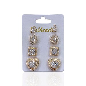 Quatro Brincos Folheado Ouro 18k e Prata 925 Coração Cravejado