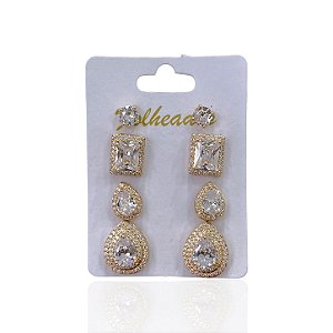 Quatro Brincos Folheado Ouro 18k e Prata 925 Gota Cravejado
