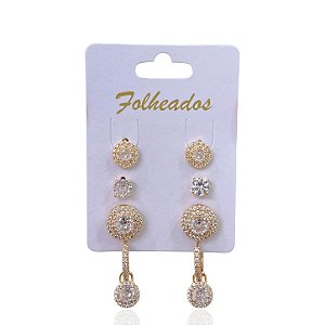 Quatro Brincos Folheado Ouro 18k e Prata 925 Redondo Cravejado