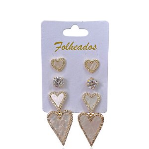 Trio Brincos Folheado Ouro 18k e Prata 925 Coração Madrepérola Cravejado