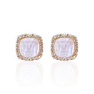 Brinco Folheado Ouro 18k Quadrado Madrepérola Cravejada