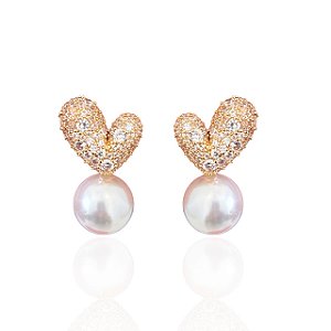 Brinco Folheado Ouro 18k Coração Cravejado Pérola