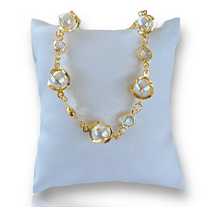 Pulseira Folheada Ouro 18k Pérolas Ponto de Luz
