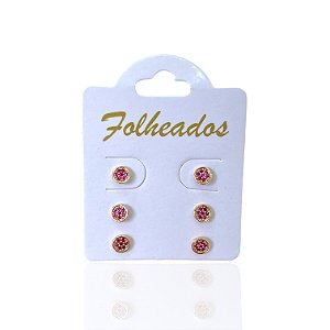 Trio Brincos Folheado Ouro 18k Redondo Cravejado