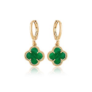 BRINCO ARGOLA TREVO VERDE ESMERALDA - BANHO DE OURO