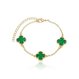 PULSEIRA TREVOS VERDE ESMERALDA - BANHO DE OURO