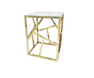 Mesa Lateral Dourada em Aço Inox Com Tampo De Vidro - By Fineza