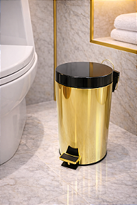 Lixeira Sasha Redonda Dourada e Preta em Aço Inox com Pedal