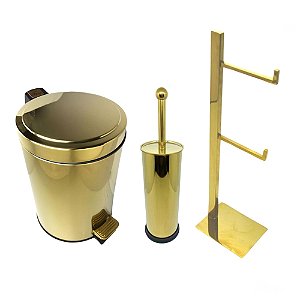 Kit Lavabo Inox Dourado Lixeira Escova sanitária e Porta Papel Fineza