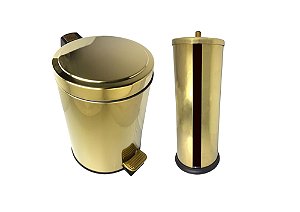 Kit Banheiro Inox Dourado Lixeira 5L e Porta Papel Higiênico Fineza