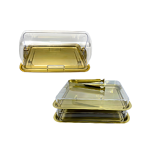 Kit Café da Manhã Dourado em Aço Inox, Acrílico e Vidro