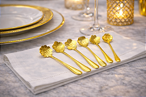 Conjunto de Colheres de Chá Floral Dourado em Aço Inox