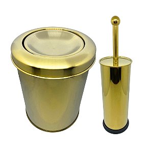 Kit Lixeira Dourada Aço Inox Basculante e Escova Sanitária France Fineza