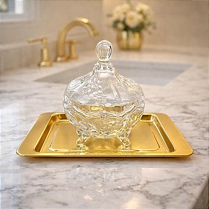 Kit Decoração de Luxo 2 peças Bandeja Dourada em Aço Inox e Vidro