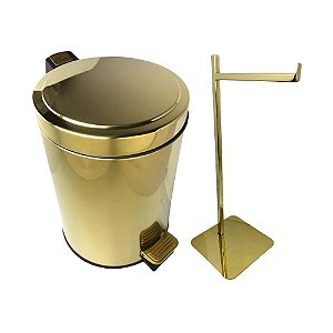 Kit Banheiro Inox Dourado Lixeira 5L e Papeleira Dourada Fineza