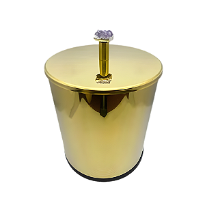 Lixeira Margot Crystal Redonda Dourada em Aço Inox com Tampa Pino e Cristal