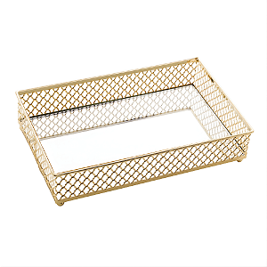 Bandeja Florence com Espelho Dourada em Vidro e Metal 21cmX13cm