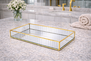 Bandeja Turkey com Espelho Dourada em Vidro e Metal 30cmX20cm