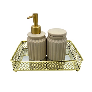 Kit Banheiro 3 peças Stripes Nude e Dourado e Bandeja Florence Fineza