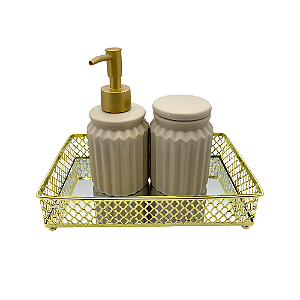 Kit Delicatta 3 peças Nude e Dourado em Cerâmica, Plástico, Metal e Vidro