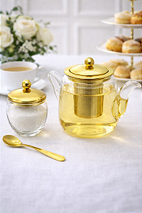 Kit Hora do Chá Dourado em Vidro e Aço Inox