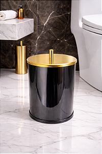 Lixeira Dione Redonda Preta e Dourada em Aço Inox com Tampa Pino 5,4L