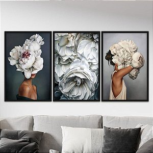 Trio de Quadro Mulher Cabeça de Flor