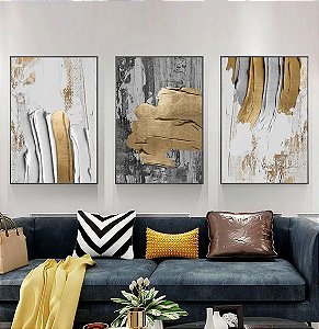 Trio de Quadro Abstrato Cinza Branco e Dourado