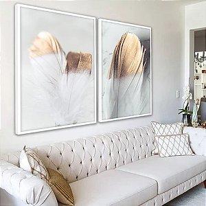 Quadros Decorativos Penas Brancas e Douradas