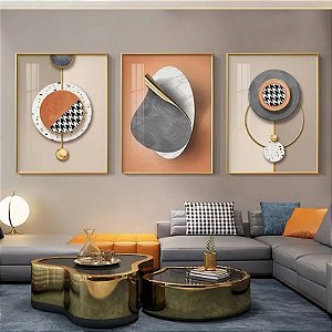 Trio de Quadros Decorativos Abstrato Laranja