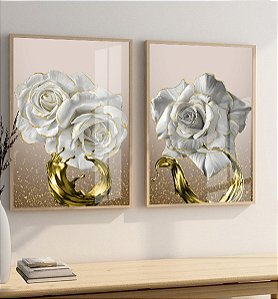 Dois Quadros - Flores Bege Fundo Dourado