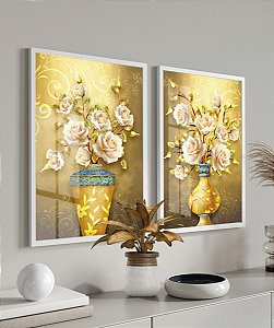 Dois Quadros - Flores Com Vaso Dourado