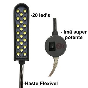 Luminária de 20 LED's Com Haste Flexível e Imã Para Máquinas de Costura