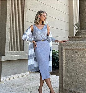Tricot Vestido Listrado Com Cardigan Conjunto De Peças Em Tricot