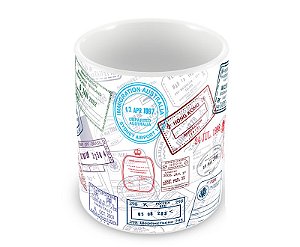 Caneca porcelana branca personalizada Carimbos viagem Wanderlust