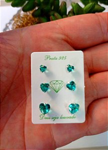Trio De Brincos Coração Turmalina – Joia em Prata 925 de Qualidade
